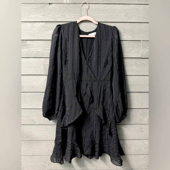 ASTR the Label Black Striped Satiny Silk Long Sleeve Ruffle Mini Dress Sz M - Picture 1 of 9